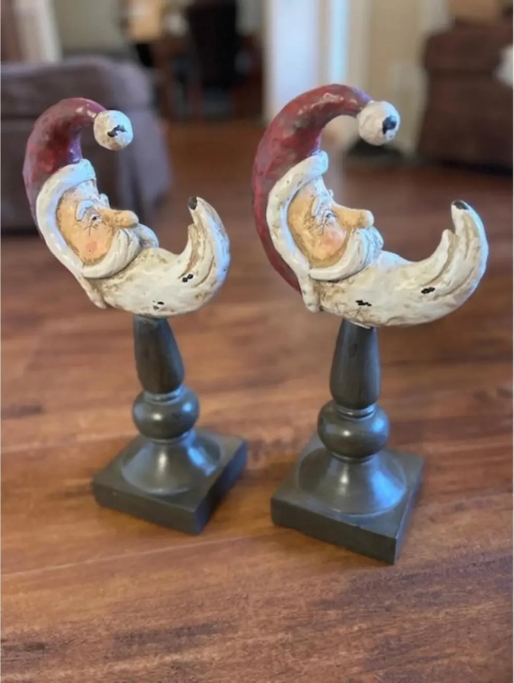 Pair of Santa Claus Decorative Figurines on Pedestal Stands